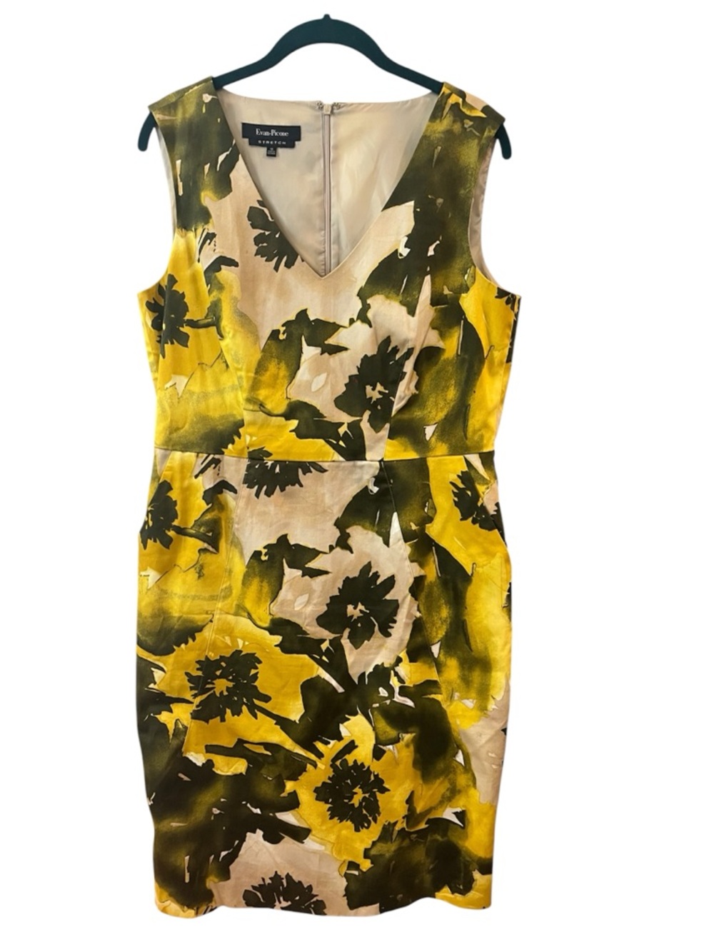 Evan Picone Yellow and Olive Floral Midi Sheath Dress